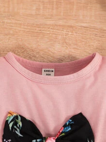 SHEIN Young Girl Ruffle Trim Bow Front Top & Floral Print Leggings - Multicolor - View 6