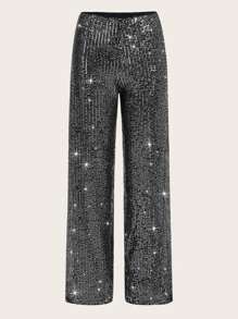SHEIN ICON 高腰亮片直筒褲 - 黑色 - 查看 2