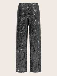 SHEIN ICON 高腰亮片直筒褲 - 黑色 - 查看 7