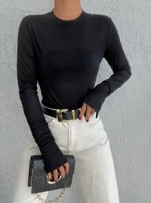 EURMUSE Solid Rib Knit Split Cuff Tee - Black - View 1