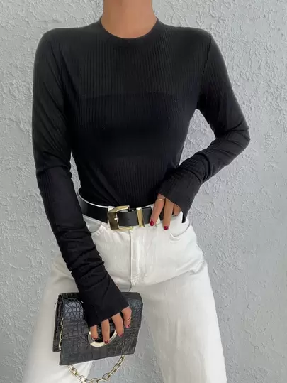 EURMUSE Solid Rib Knit Split Cuff Tee