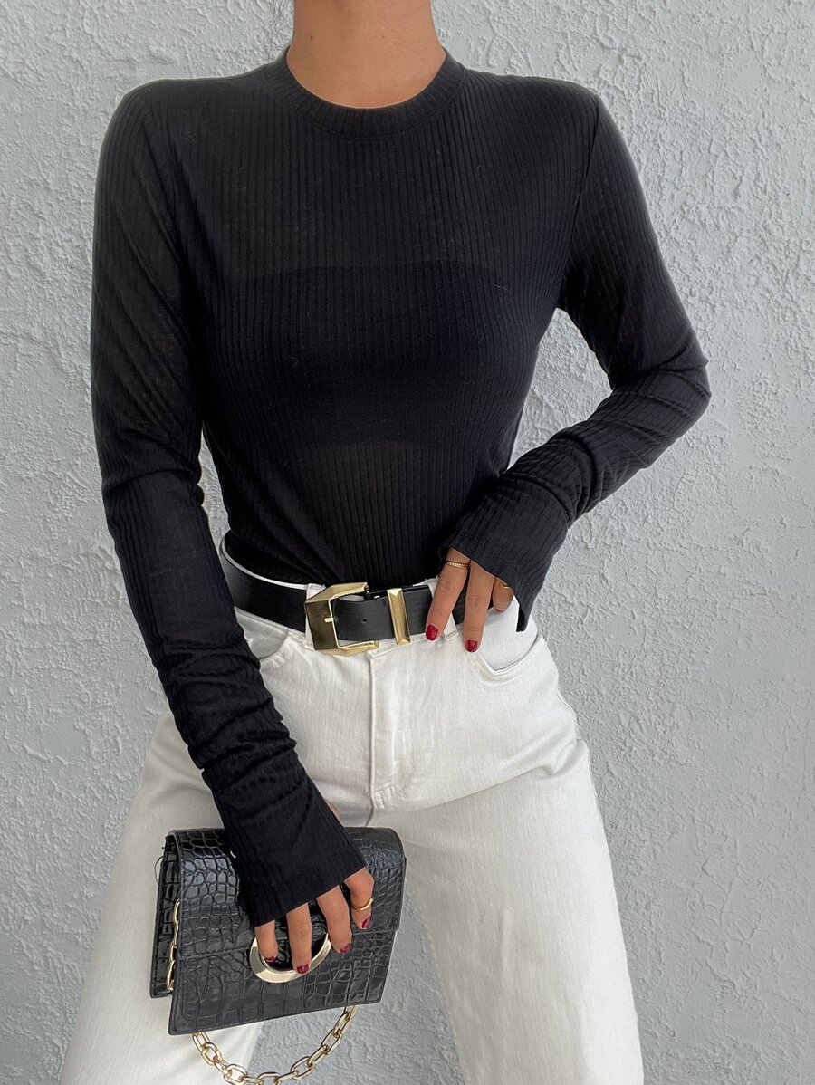 EURMUSE Solid Rib Knit Split Cuff Tee - Black - View 1