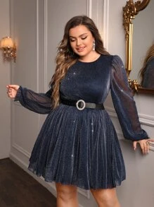 SHEIN Unity Plus Lantern Sleeve Glitter Mesh Dress Without Belt - Navy Blue - View 1