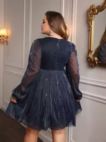SHEIN Unity Plus Lantern Sleeve Glitter Mesh Dress Without Belt - Navy Blue - View 2