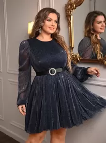SHEIN Unity Plus Lantern Sleeve Glitter Mesh Dress Without Belt - Navy Blue - View 5