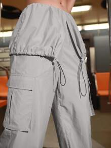 Flap Pocket Flipped Waist Cargo Trousers - Grey - View 3