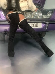 Chunky Heeled Faux Suede Thermal Lined Snow Boots - Black - View 6