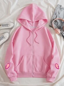 SHEIN EZwear Quần áo thể thao nữ Dây kéo Túi Hoạt hình Giải trí - Hồng - Xem 2