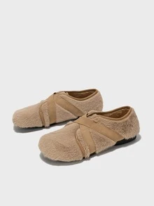 Cross Strap Fluffy Flats - Apricot - View 2