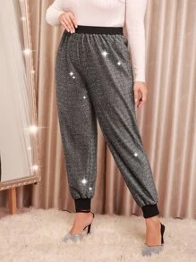 Plus Glitter Elastic Waist Joggers - Silver - View 4