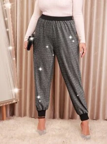 Plus Glitter Elastic Waist Joggers - Silver - View 5