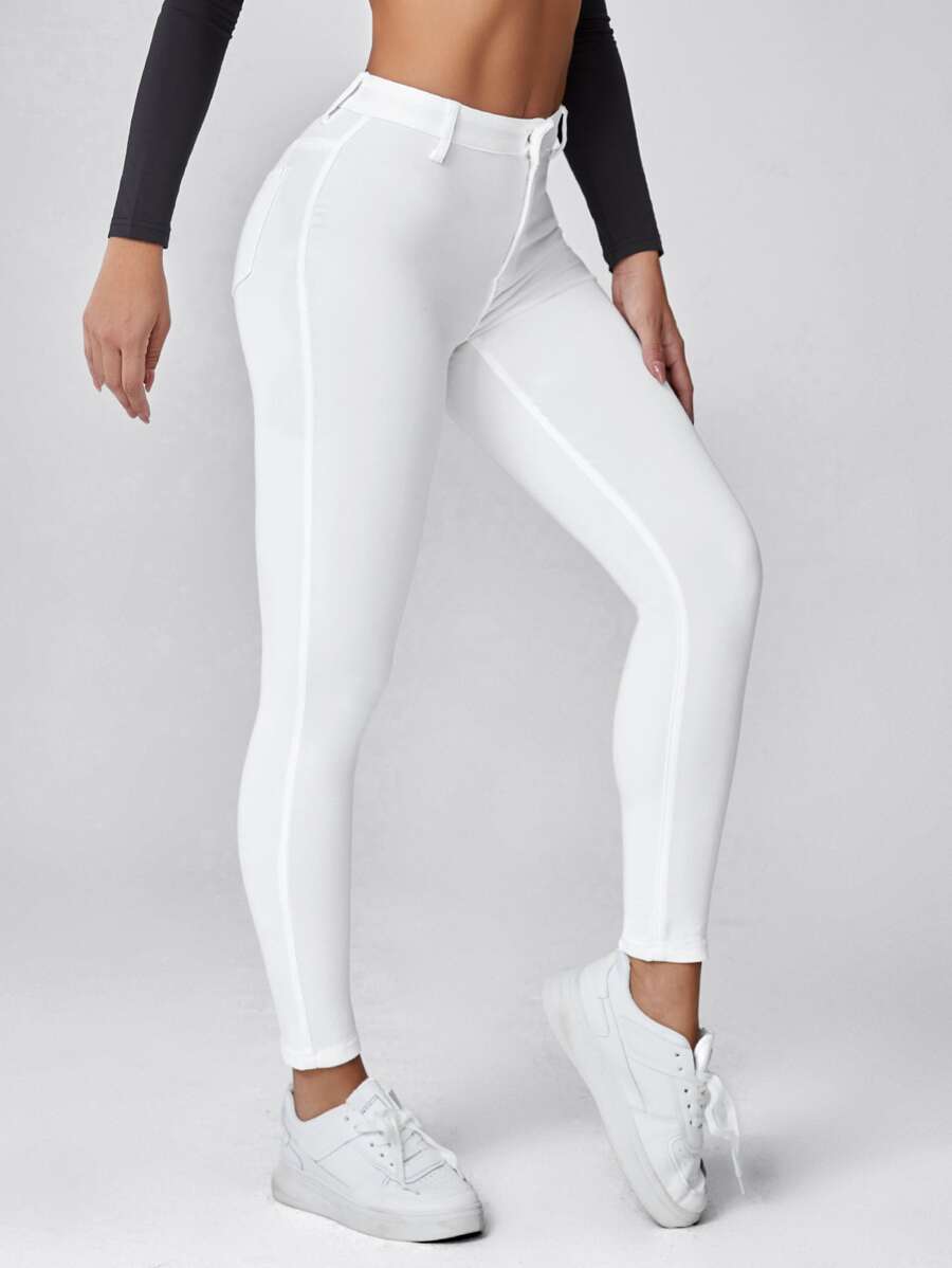SHEIN Essnce 女士時尚修身純色長褲 - 白色 - 查看 1