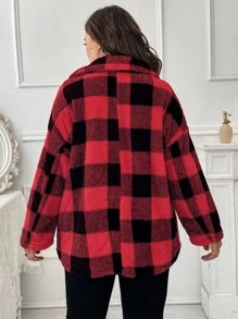 SHEIN LUNE Plus Buffalo Plaid Pattern Drop Shoulder Teddy Coat - Multicolor - View 2