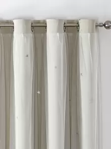 1pc Star Cutout Polyester Blackout Curtain With Lace Sheer Princess Style Double-Layered Light Blocking Window Treatment - Beige - View 4