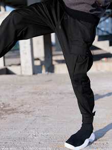 Manfinity Men Flap Pocket Drawstring Waist Cargo Trousers - Black - View 5