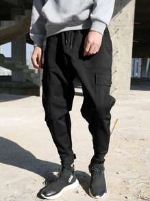 Manfinity Men Flap Pocket Drawstring Waist Cargo Trousers - Black - View 7