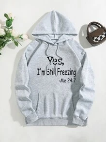 SHEIN EZwear Quần áo thể thao nữ Dây kéo Túi Slogan Giải trí - Màu Xám nhạt - Xem 1