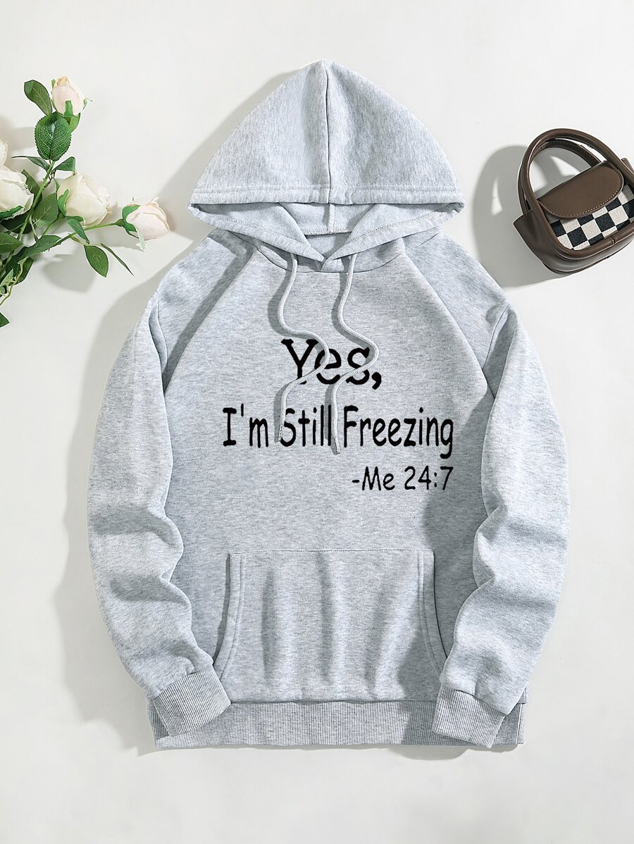 SHEIN EZwear Quần áo thể thao nữ Dây kéo Túi Slogan Giải trí - Màu Xám nhạt - Xem 1