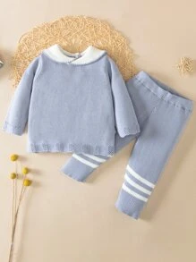Baby Contrast Collar Jumper & Striped Pattern Knit Trousers - Baby Blue - View 1