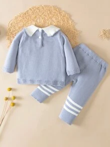 Baby Contrast Collar Jumper & Striped Pattern Knit Trousers - Baby Blue - View 2