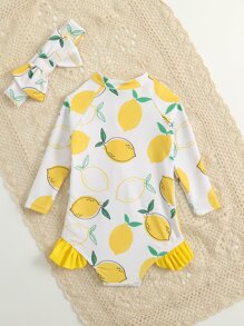 Bebé Bañador una pieza con estampado de limón ribete con fruncido con banda cabeza - Blanco - Ver 2