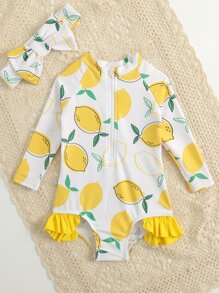 Bebé Bañador una pieza con estampado de limón ribete con fruncido con banda cabeza - Blanco - Ver 5