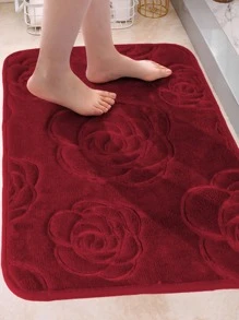 1 pieza Felpudo de piso con relieve de rosa de franela, adecuado para uso diario, felpudo del Día de San Valentín, decoración de baño del hogar, alfombra de baño, alfombra de piso, alfombra de exterior, felpudo de puerta, decoración de otoño, accesorios de baño, decoración de entrada escolar - Burdeos - Ver 1