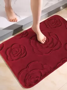 1 pieza Felpudo de piso con relieve de rosa de franela, adecuado para uso diario, felpudo del Día de San Valentín, decoración de baño del hogar, alfombra de baño, alfombra de piso, alfombra de exterior, felpudo de puerta, decoración de otoño, accesorios de baño, decoración de entrada escolar - Burdeos - Ver 3