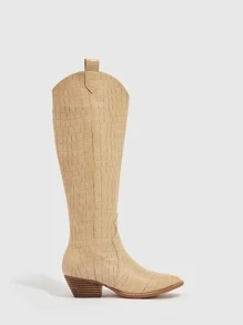 鱷魚壓紋西部牛仔靴 - 杏色 - 查看 3