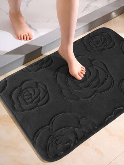 1 Pc Rose Flower Embossed Flannel Floor Mat, Suitable For Daily Use, Valentine's Day Home Bathroom Decor Bath Rug Floor Carpet Outdoor Rug Door Mat Fall Decor Bathroom Accessories Back To School Entryway Decor