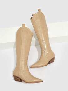 鱷魚壓紋西部牛仔靴 - 杏色 - 查看 4