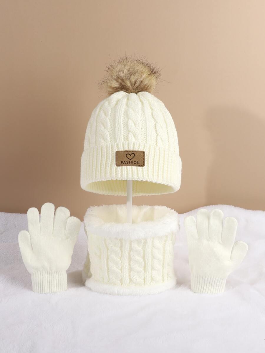 Toddler Kids Pom Pom Decor Beanie & Infinity Scarf & Gloves - White - View 1