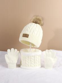 Toddler Kids Pom Pom Decor Beanie & Infinity Scarf & Gloves - White - View 2