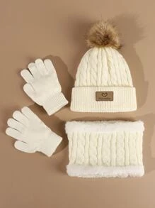 Toddler Kids Pom Pom Decor Beanie & Infinity Scarf & Gloves - White - View 3