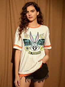 LOONEY TUNES X SHEIN Striped & Cartoon Graphic Drop Shoulder Tee - Apricot - View 1