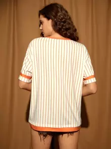 LOONEY TUNES X SHEIN Striped & Cartoon Graphic Drop Shoulder Tee - Apricot - View 2