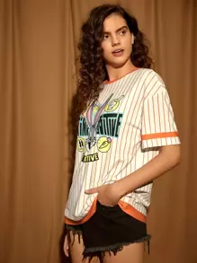LOONEY TUNES X SHEIN Striped & Cartoon Graphic Drop Shoulder Tee - Apricot - View 4