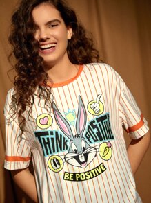 LOONEY TUNES X SHEIN Striped & Cartoon Graphic Drop Shoulder Tee - Apricot - View 6