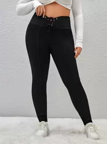 SHEIN EZwear Plus Lace Up Front Leggings - Black - View 1