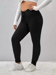 SHEIN EZwear Plus Lace Up Front Leggings - Black - View 5