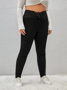SHEIN EZwear Plus Lace Up Front Leggings - Black - View 6