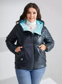 HaiLuoZi Plus Size Letter Patched Hooded Padded Coat - Navy Blue - View 1