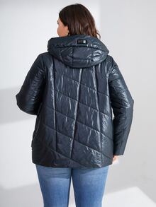 HaiLuoZi Plus Size Letter Patched Hooded Padded Coat - Navy Blue - View 2