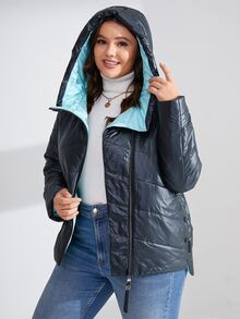 HaiLuoZi Plus Size Letter Patched Hooded Padded Coat - Navy Blue - View 3