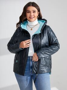 HaiLuoZi Plus Size Letter Patched Hooded Padded Coat - Navy Blue - View 5