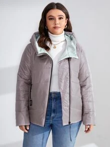 HaiLuoZi Plus Zip Up Hooded Padded Coat - Dusty Purple - View 1