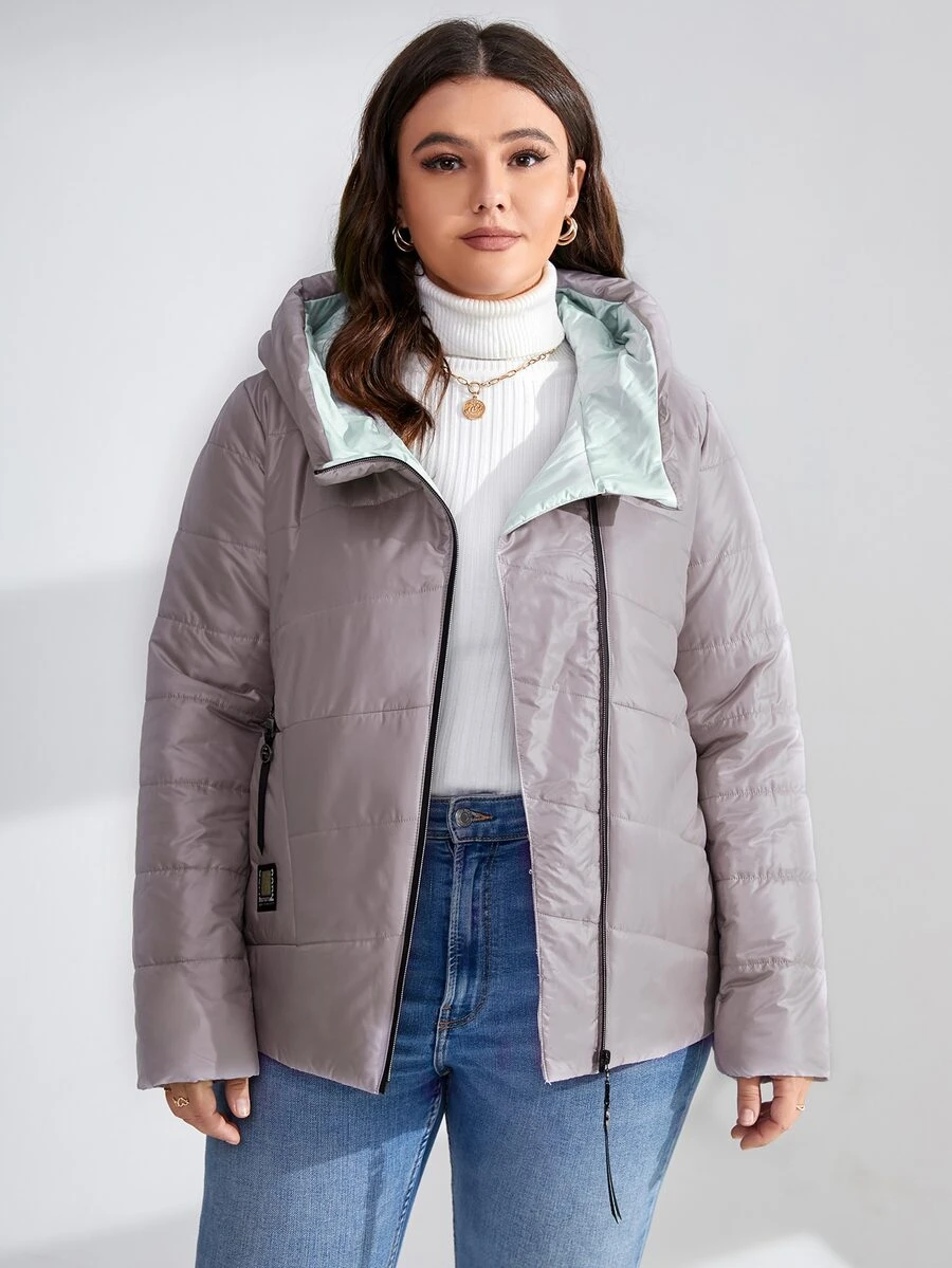 HaiLuoZi Plus Zip Up Hooded Padded Coat - Dusty Purple - View 1