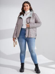 HaiLuoZi Plus Zip Up Hooded Padded Coat - Dusty Purple - View 4