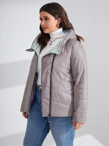 HaiLuoZi Plus Zip Up Hooded Padded Coat - Dusty Purple - View 5