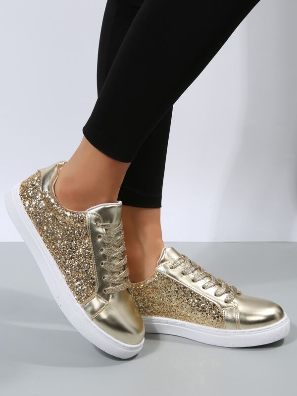 Glitter Metallic Laceup Front Skate Shoes, Flat Shoes Solid Gold Avant